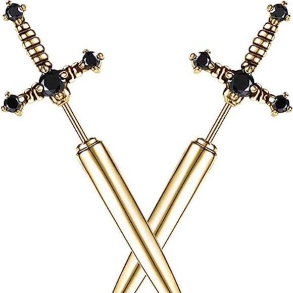 Gothic Sword Cool Punk Dagger Earrings Gold‎ With Black Crystal - Picture 1 of 4